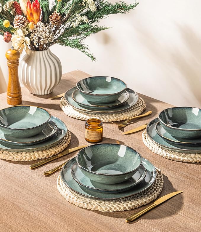 GBHOME Stoneware Dinnerware Sets for 6,18 Piece Rustic Plates and Bowls Set | Earthenware Handmade Reactive Glaze Plate Sets, Chip Resistant Ceramic Dishes, Microwave & Dishwasher Safe, Coastal Teal