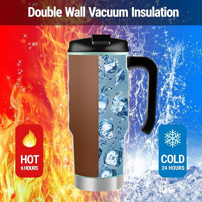 HAUSHOF 24 oz Travel Mug, Stainless Double Wall Vacuum Insulated Tumbler with Handle & Spill Proof Twist On Flip Lid and Wide Mouth, BPA Free