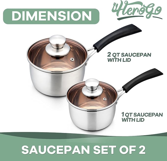 Herogo 1 Quart & 2 Quart Saucepan Set with Lid, 18/10 Stainless Steel Sauce Pan Pot, 2Qt 1Qt Saucepan for Home Kitchen Restaurant, Dishwasher Safe