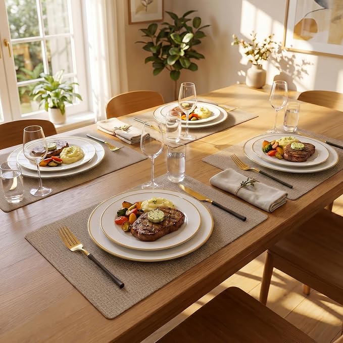 Romanstile Vinyl Placemats Set of 6-12 X 17 Inch - Faux Leather 100% Waterproof Wipeable Anti Slip Place Mats, Heat Resistant Reversible PU Table Mats for Kitchen Dining Party Outdoor, Coffee