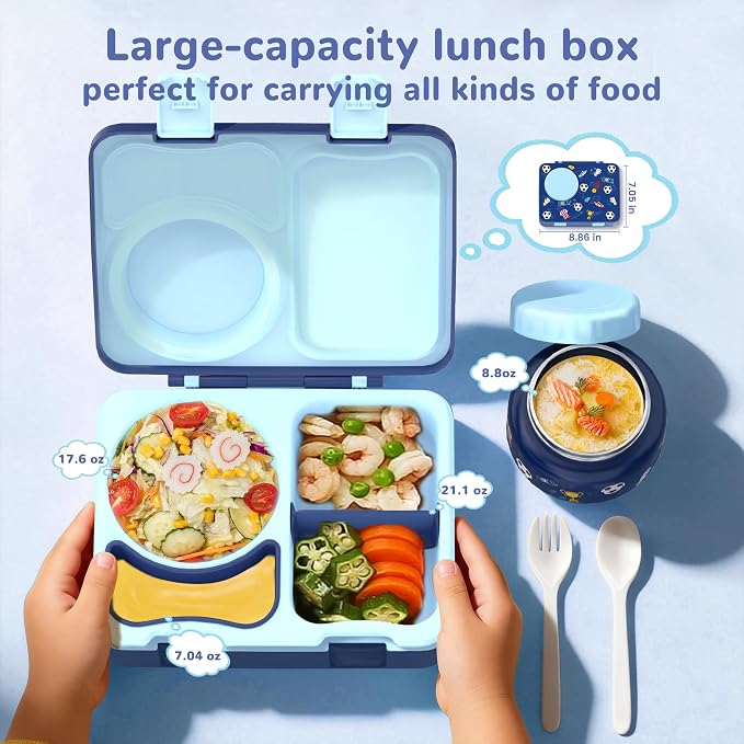 Bento Lunch Box for Kids Adult, Leakproof 3-4 Compartment Bento Box Set with Insulated Food Jar,Water Bottle, Lunch Bag, School Lunch Container for Toddler Teen Girls Boys Ages 3+(Football)
