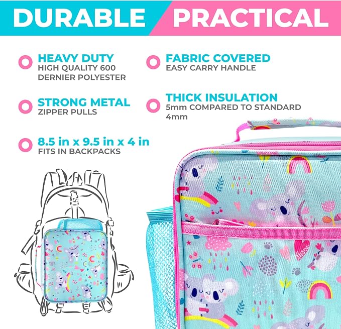 kinsho kids Bento Lunch Box Set with Thermo, Bag & Ice Cold Pack, Koala | 4 Compartments, Removable Tray, Small Meal or Snack Container for Girls Toddlers, Daycare & Pre-School, Steel Food Jar