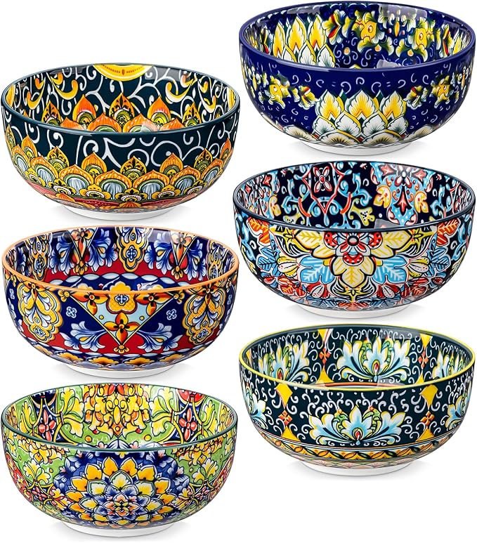 vancasso SIMI 28 oz Cereal Bowls Set of 6, Bohemian Ceramic Soup Bowls | For Pasta, Salad, Ramen, Fruit Serving, Dishwasher and Microwave Safe, Porcelain, Chip-Resistant, Decorative Bowls