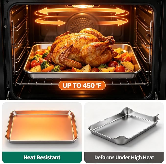 Stainless Steel Cookie Sheets for Baking Set of 3, Stainless Steel Baking Sheet, 9.3/12.5/16 Inch Sheet Pans, Non Stick, BPA Free, Dishwasher Safe, Durable and Easy Clean (Set of 3-9,12,16”)