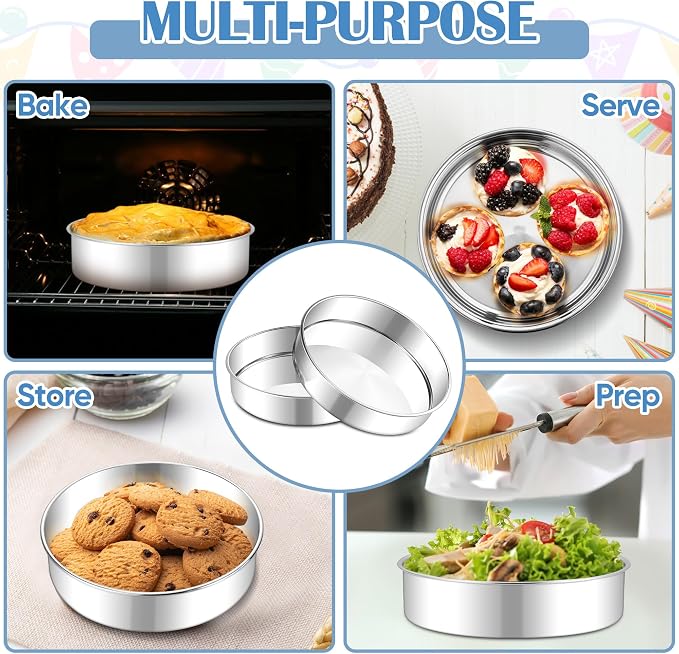 E-far 8 Inch Cake Pan Set of 2, Stainless Steel Round Baking Pans Tins Mold | Non-Toxic & Leak-Proof for Birthday Wedding Layer Tiered Cake, Easy Clean & Dishwasher Safe