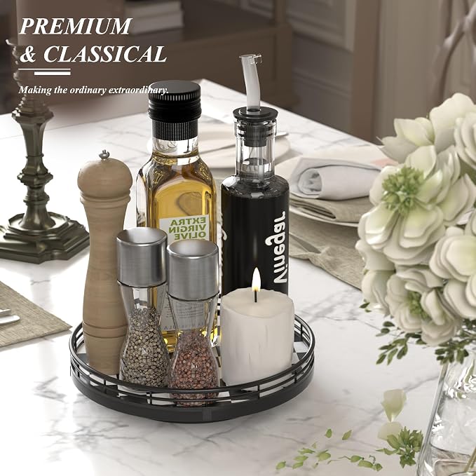 AMH 9-Inch Black and White Checkerboard Lazy Susan with Oak Base | Smooth rotating oak tray with walnut finish for dining tables, kitchen counters, pantries and cabinet storage.