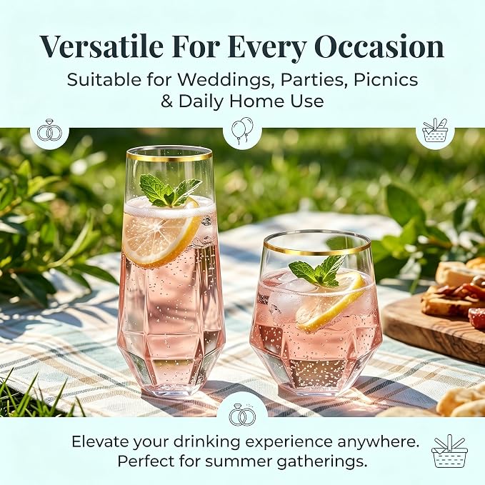 Lueumxc 56 Pack Plastic Wine Glasses Disposable Diamond Champagne Flutes, 32 Pcs 9 OZ Stemless Champagne Flutes & 24 Pcs 12 OZ Disposable Wine Glasses, BPA-Free