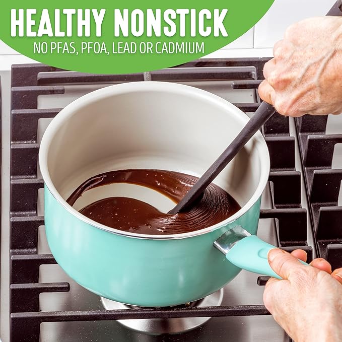 GreenLife Soft Grip Diamond Healthy Ceramic Nonstick, 2QT Saucepan Pot with Lid, PFAS-Free, Dishwasher Safe, Turquoise