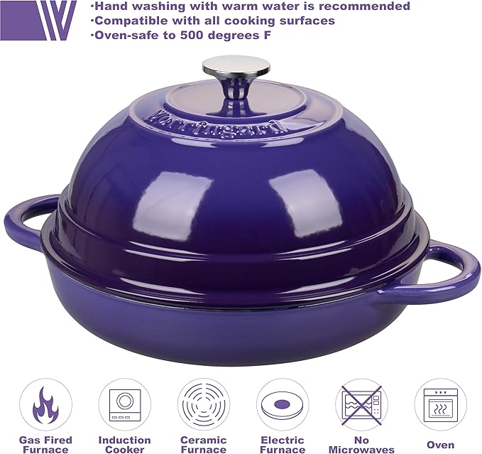 Cast Iron Enameled Dutch Oven Pot with Lid for Bread Baking, Bread Oven, 6 Quart, Purple