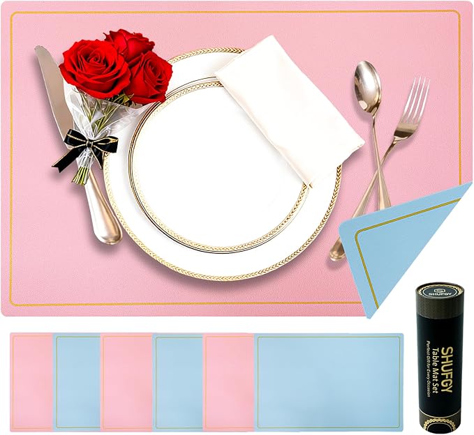 Faux Leather Placemats Set of 6, 11.8"x17.7", Pink & Blue | Reversible Table Mats, Waterproof, Stain & Heat Resistant, Easy Clean for Dining, Gatherings, Outdoor