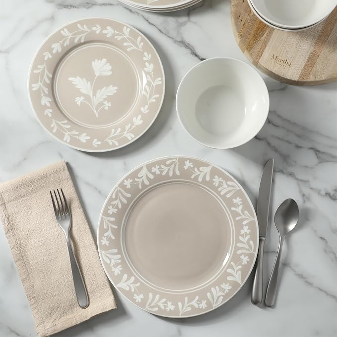 Martha Stewart Dinnerware Set - Maiden Crown 12-Piece Dish Set, Taupe – New Bone China Ceramic Plates & Bowls – Floral Design – Service for 4 – Microwave & Dishwasher Safe