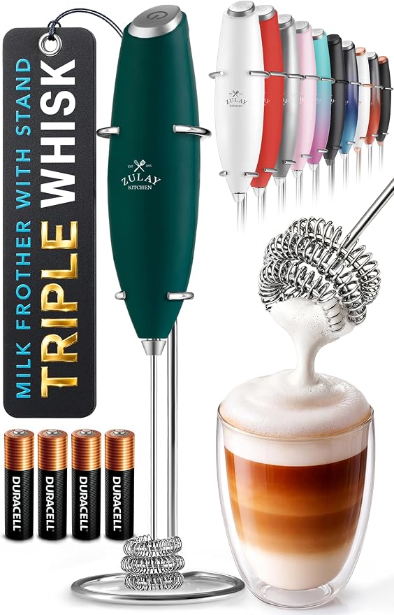 Zulay Kitchen Powerful Milk Frother Wand With Duracell Batteries - Ultra Fast Handheld Drink Mixer - Electric Whisk Foam Maker for Coffee, Lattes, Cappuccino & Matcha - Triple Whisk - Moss Green