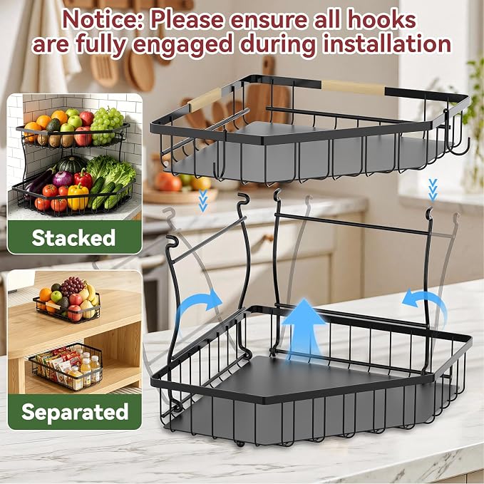 2 Tier Fruit Basket Extra Large with 2 Banana Hangers for Corner | Detachable Metal Fruit Bowl with Wooden Handle, Large Capacity Fruit Stand for Bread Fruit and Vegetable Storage, Black