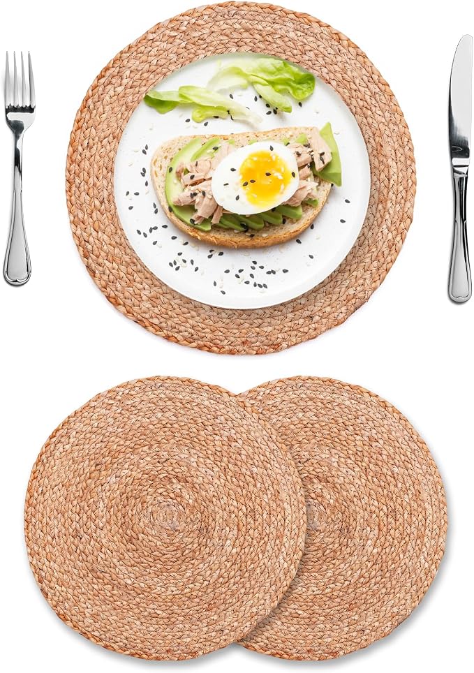 Natural Jute Placemats Set of 2, Round Woven Table Mats, 13 Inch Rattan Charger Plates for Dinner, Boho Farmhouse Braided Place Mats