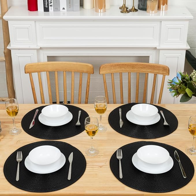 Winknowl Round Braided Placemats Set of 6 Washable Woven Heat Resistant Table Mats for Kitchen Dining Tables 15 inch Round Place Mats (Black,6pcs)