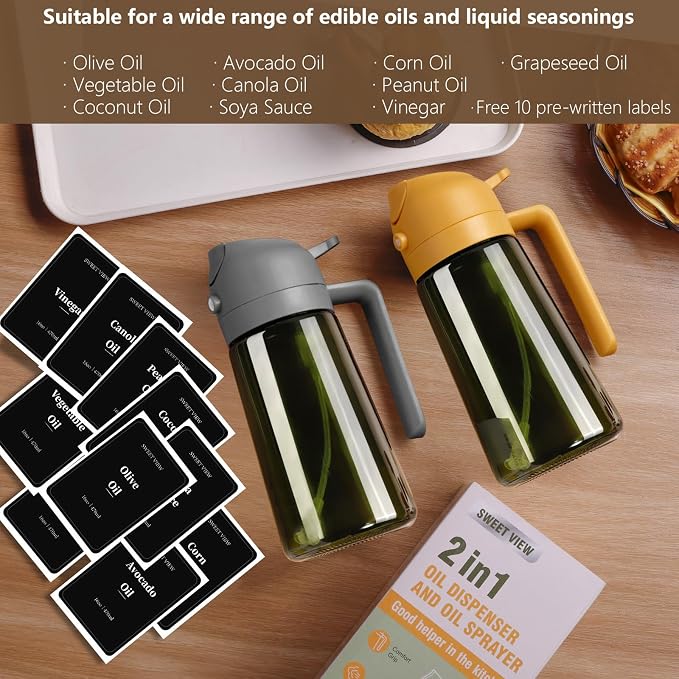 SWEET VIEW 2PCS Olive Oil Dispenser and Oil Sprayer | 16oz/470ml Glass Light-Proof Oil Pourer for Kitchen Air Fryer, Cooking, Salad, and BBQ, with Stickers