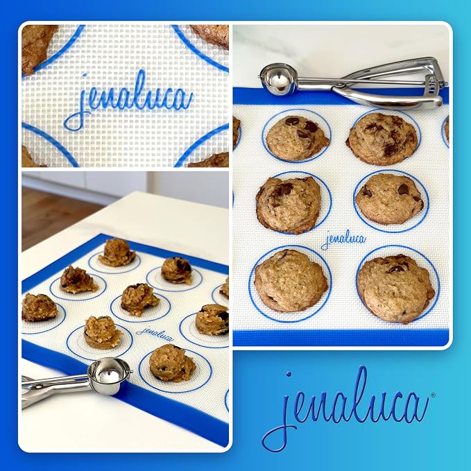 Silicone Baking & Cookie Mats 2 Pack, Non-Stick, 16.5 x 11.6 in | Food grade silicone liner with cookie measurements. Heat resistant to 480F, dishwasher safe, non-slip.