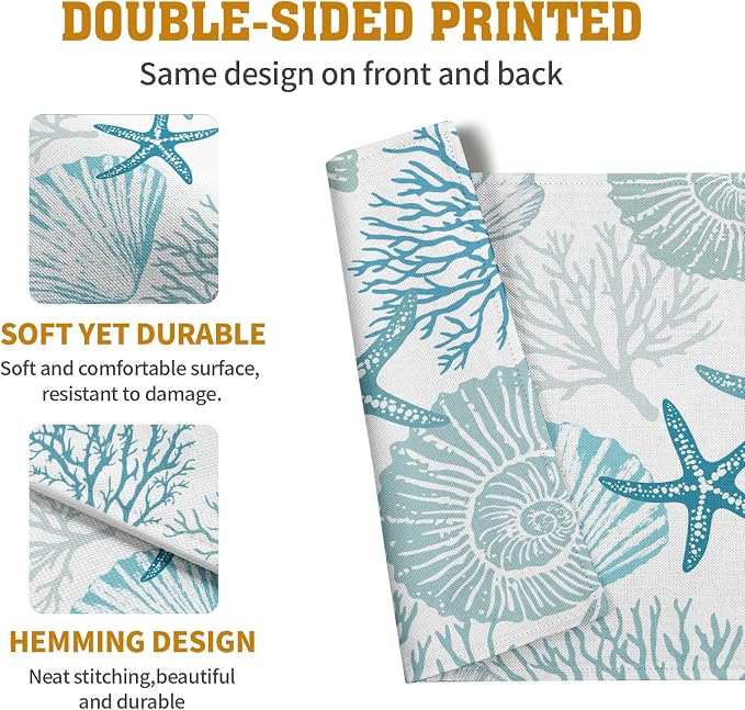 Nautical Coastal Blue Placemats Set of 4 Summer Teal Turquoise Beach Theme Linen Table Mats Ocean Coral Seashell Starfish Decorative Place Mats for Party Kitchen Dining Outdoor Indoor Decor
