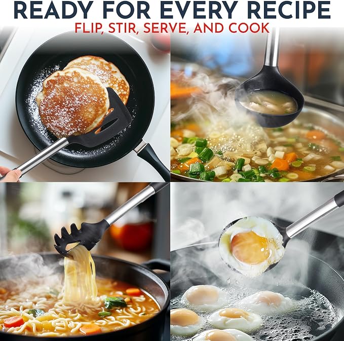 34 PCs Silicone Kitchen Utensils Set, Stainless Steel 450F Heat Resistant | Black Cooking Utensils-Set for Nonstick Cookware - Stainless Steel Handle, Silicone Spatulas Set & Other Kitchen accessories