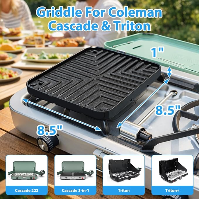 Ceramic Nonstick Reversible Griddle for Coleman Cascade & Triton | 8.5 x 8.5 Ceramic Griddle, Stores Inside the Stove Body, No-Wobble Stable Design, For 2-Burner Camp Stoves, 1 Pack
