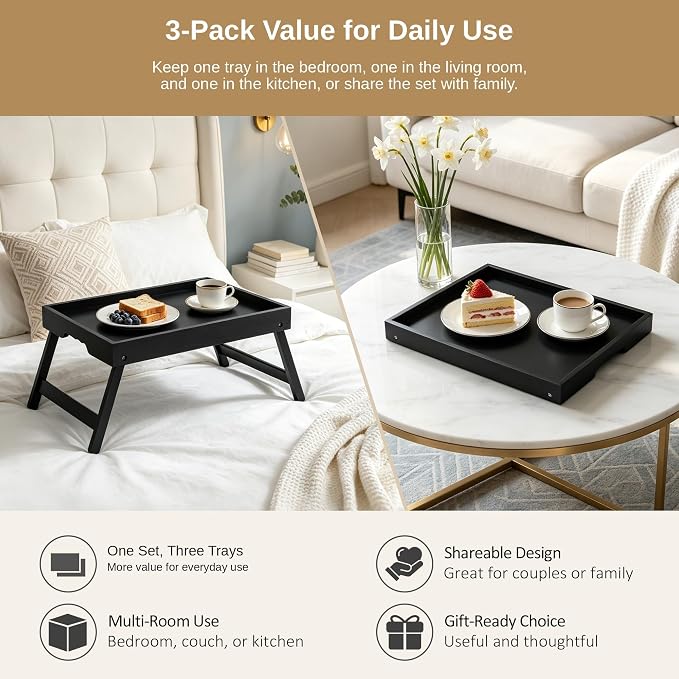 Large Bamboo Bed Tray Tables with Folding Legs, 3 Pack, Black | 3 large black bamboo bed trays with folding legs, raised edges and side grips for meals, laptops, snacks and serving.