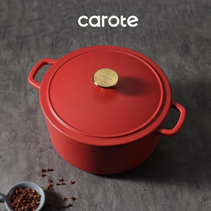 CAROTE 5QT Enameled Cast Iron Dutch Oven Pot with Lid | Sourdough Bread Baking, Braising, Stews, Roasting, Dual Handles, Oven Safe up to 500° F, Red