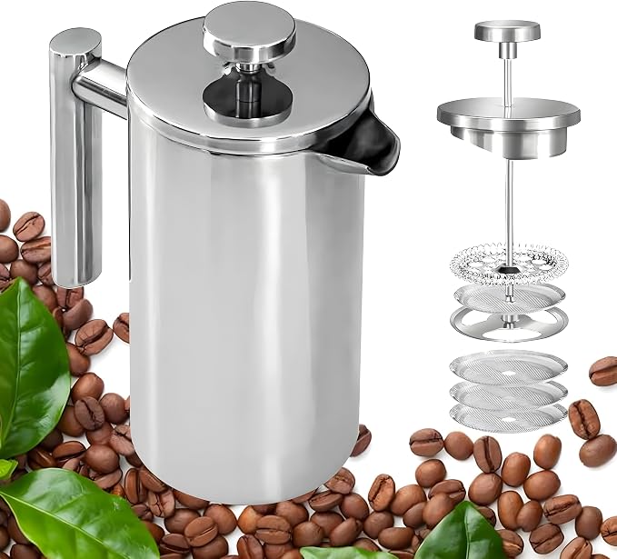 Small French Press Coffee Maker 1 Cup - 12oz/350ml Single Cup Metal French Press(1 Cup), Stainless Steel Double Wall Insulated Coffee & Tea Maker w/ 3 Extra Screens + 1 Spoon (Silver), Dishwasher Safe