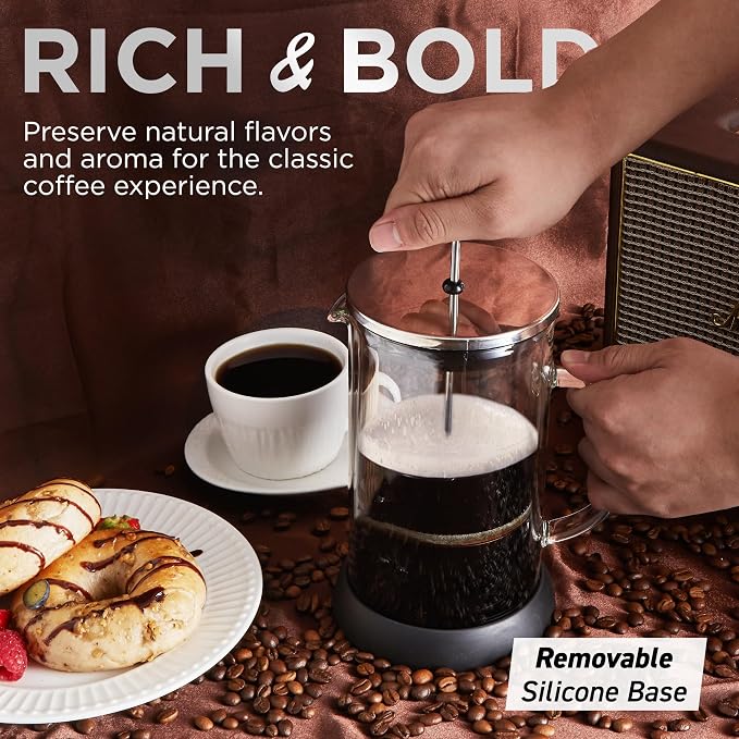 Elite Gourmet FP1223 French Press Coffee Maker, 1-Liter Glass Carafe | Double-wall insulated borosilicate glass, dishwasher-safe steel filter/plunger, removable silicone base - easy to clean