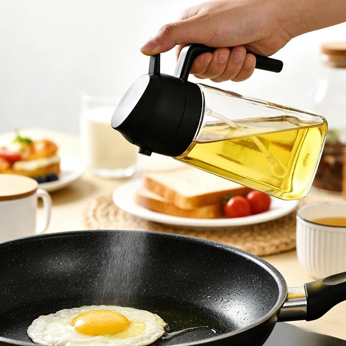 ZHIYE Oil Spray Bottle for Cooking, 16oz/470ML 2 in 1 Olive Oil Dispenser Sprayer for Kitchen Premium Clear Glass Oil Bottle for Cooking, Air Fryer, BBQ, Salad, Black