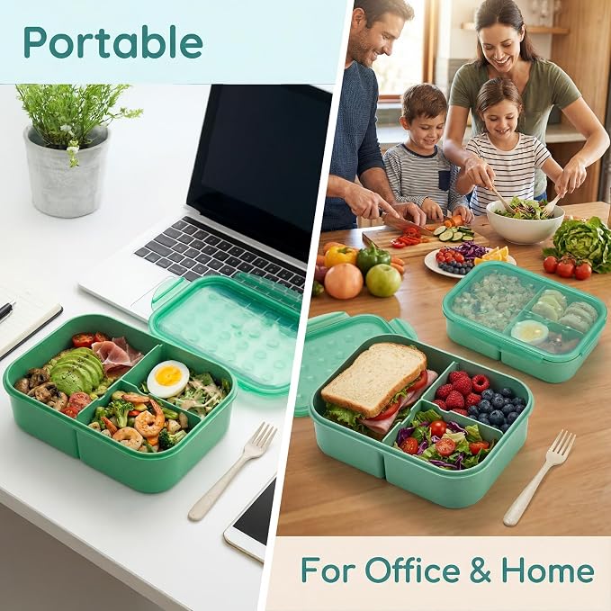 MISS BIG® Large Bento Lunch Box for Adults, 1900ml, 3 Compartments, Green | Green 1900ml large lunch box for adults, office meals, meal prep, work lunch, picnic, and travel.