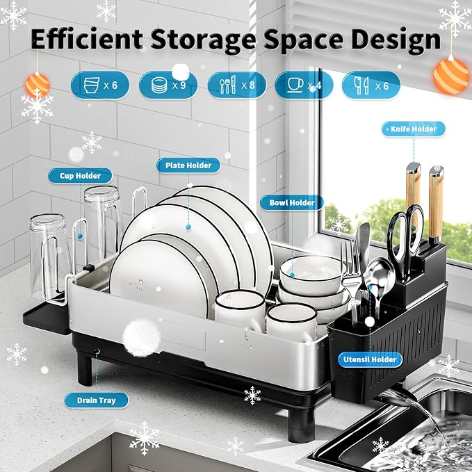 Dish Drying Rack, 304 Stainless Steel Dish Racks for Kitchen Counter | Dish Drainers with Automatic Drainage, Utensil Holder & Cups Holder, Space Saving Kitchen Organizer, Black
