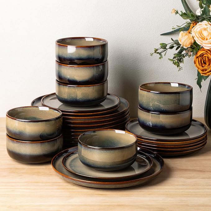 Ceramic Dinnerware Set for 8, 24-Piece Plates and Bowls Set | Handmade Reactive Glaze Dish Set, Scratch Resistant, Oven & Microwave & Dishwasher Safe, Mocha Brown