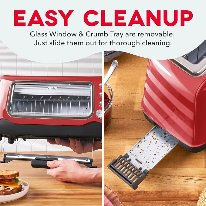 Dash Clear View Toaster | 10" Long Slot 2 Slice Toaster with See-Through Glass Window, 7 Browning Levels, Bagel, Defrost & Reheat Functions, Removable Glass Panel, Crumb Tray, Red