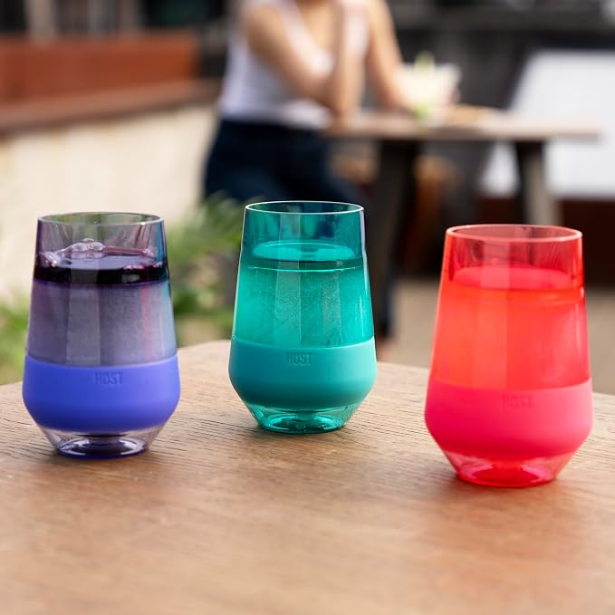 Host Freeze XL Wine Cooling Cups for Gifts for Mom, Birthday Gifts for Women, Double Wall Insulated Plastic Wine Glasses for Red and White Wines, Freezable Plastic Tumblers, 12 oz, Set of 4, Assorted