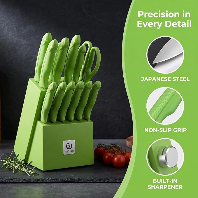 iMarku 14-piece high-carbon stainless steel knife set, dishwasher safe | Ultra-sharp Japanese knife, built-in sharpener, non-slip ergonomic handle, restaurant-grade quality, eco-friendly