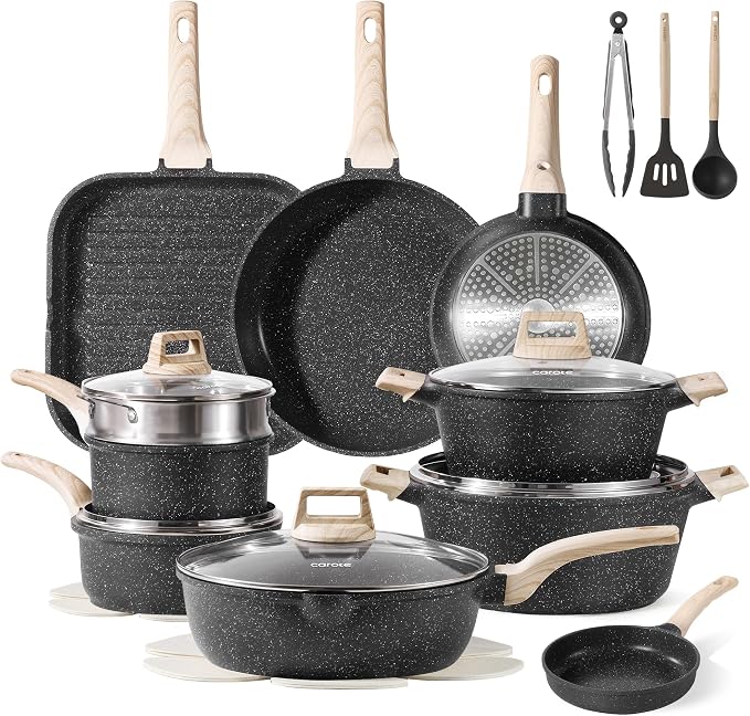 CAROTE 26pcs Nonstick Pots and Pans Set, Cookware Sets, with Grill Pan | Durable, Easy to Clean, Even Heating, Kitchen Cooking Set, Induction Compatible, with Utensil Set