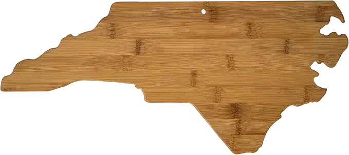 Totally Bamboo 20-7978NC North Carolina State Shaped Bamboo Serving and Cutting Board, Brown | State charcuterie board with natural bamboo grain. Knife-friendly surface for food prep. Hang tie for wall display.