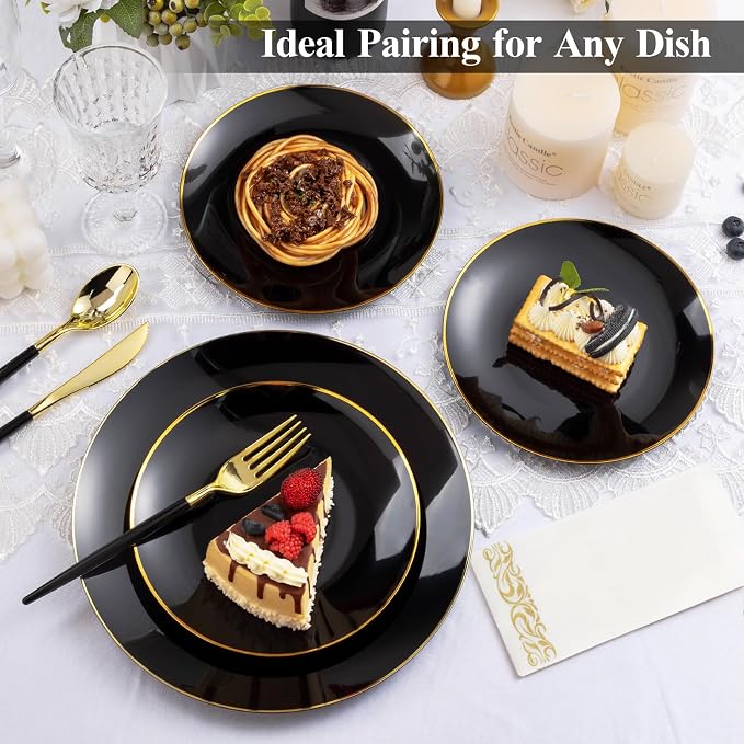 Bestluck 175PCS Black Plastic Dinnerware Set, Black Plastic Plates for 25 Guests, Include 50 Black Gold Plates with 75 Plastic Cutlery, 25 Napkins and 25 Cups