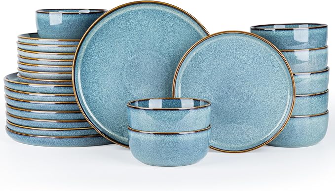 GBHOME Dinnerware Sets for 8, 24 Pieces Ceramic Plates and Bowls Set | Scratch Resistant Stoneware Dishes Set, Dishwasher & Microwave Safe, Reactive Glaze-Space Blue