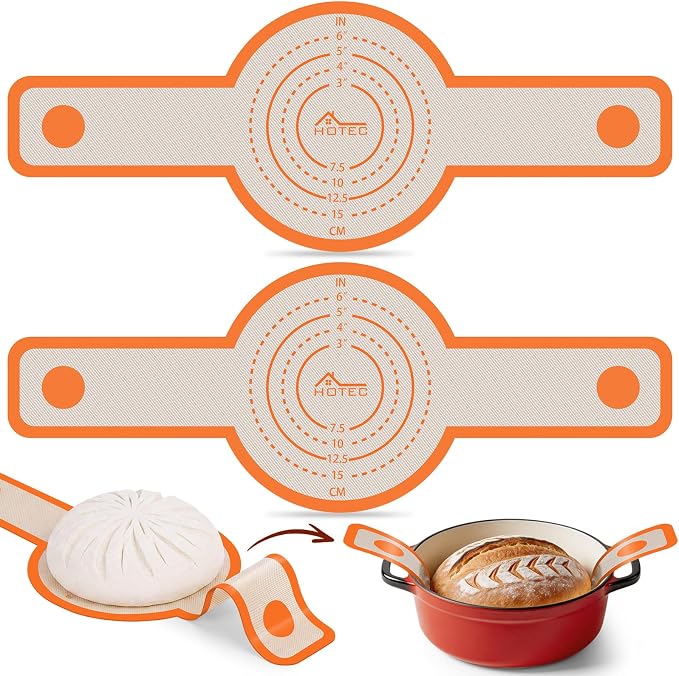 HOTEC 2 Pcs Silicone Bread Sling for Dutch Oven, 0.7MM Thickened Heat Resistant to 500°F Non-Stick Baking Mat with Long Handle Easy to Transfer Sourdough Bread, Dutch Oven Liners Baking Supplies