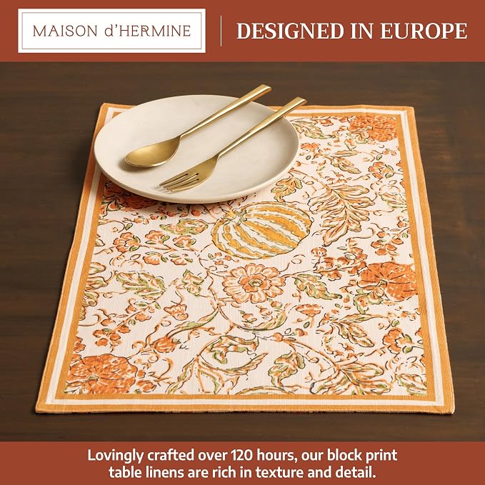 Maison d' Hermine Placemats Set of 4 Reusable 100% Cotton (13"x19") | Cloth Place Mats Washable Table Mats for Kitchen Dining Party Wedding Hotel Home Thanksgiving Christmas - Pumpkin Spice