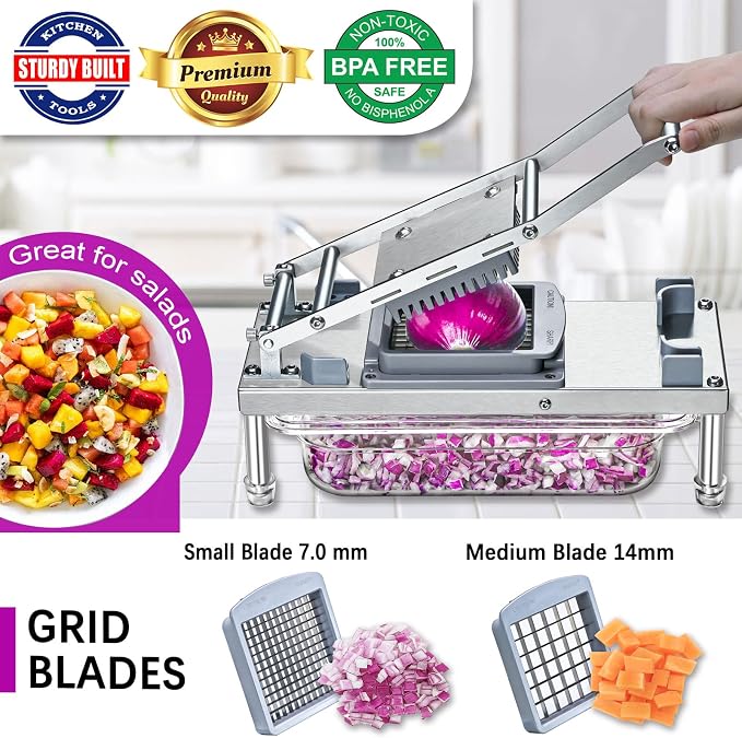 Vegetable Chopper Veggie Cutter Onion Food Potato Dicer with Container | Stainless Steel Construction, Fruit Potato Salad Dicer, Dishwasher Safety, Easy Cleaning, Safety Hand Guards