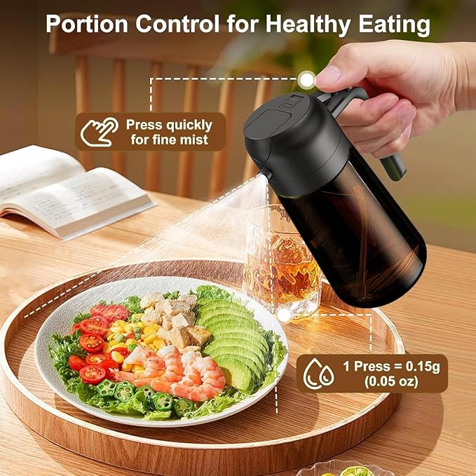 Olive Oil Sprayer & Dispenser for Cooking, 16oz Dark Glass Oil Mister, 2PC | 2-in-1 Oil Sprayer & Pourer, Fine mist, Light-Blocking, Wide Mouth for Easy Refill & Clean, 8 Oil Labels, Reusable