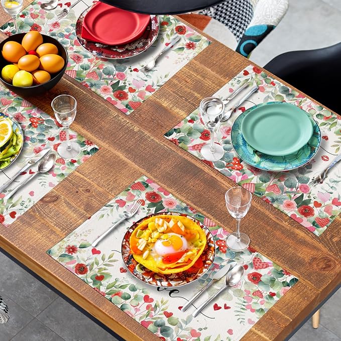 Valentines Day Love Heart Rose Placemats Set of 4 Valentine Eucalyptus Leaves Linen Table Mats Heat 12x18 Inch Spring Resistant Washable Table Mats for Kitchen Dining Decoration