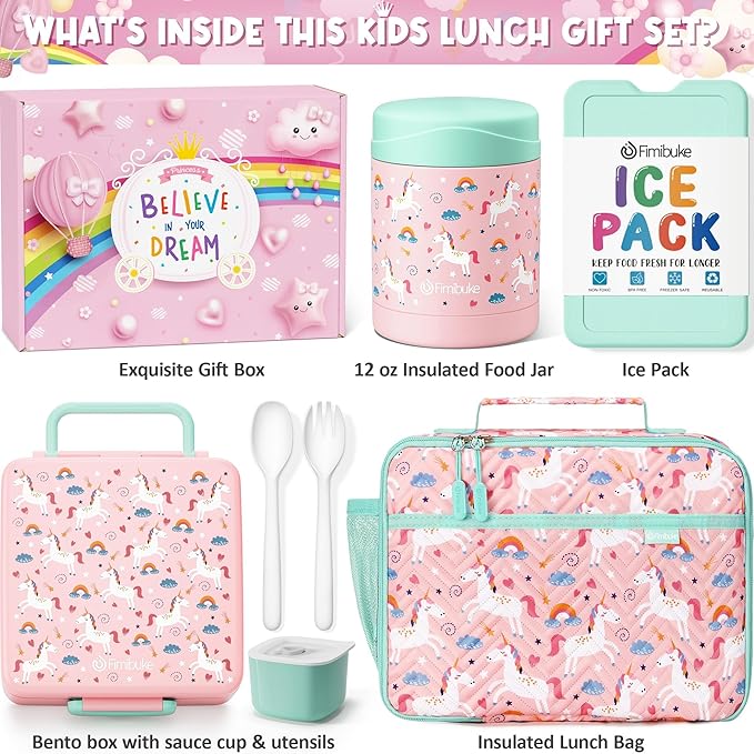 Fimibuke Kids Bento Snack Lunch Box with 4 Compartments, Insulated lunch Bag, Stainless Steel Thermo Food Jar, Ice Pack & Utensils, Unicorn Birthday Gifts for Age 3-12 Back to School Toddler Girl Boy | Lunch Box Kids with 4 Compartment, Food Jar, Ice P...