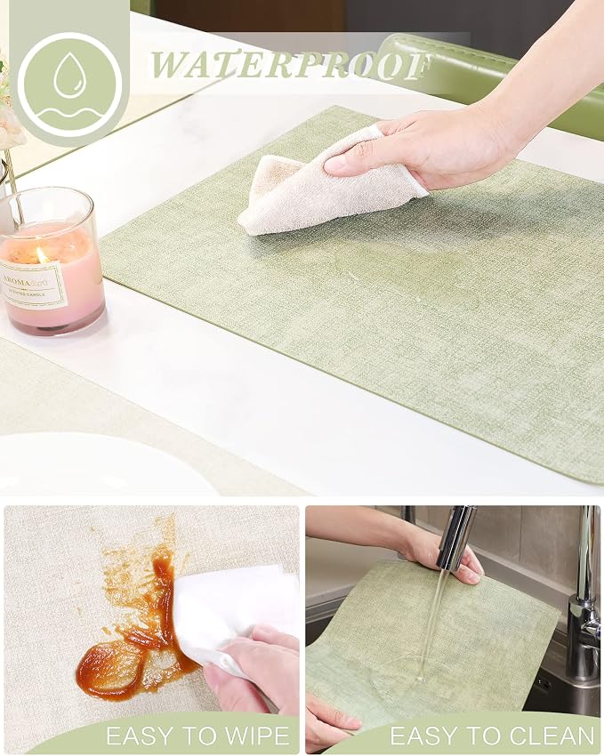 Leather Placemats Table Mats Set of 6, Light Green & Beige | Reversible Non-Slip Table Placemats, Heat-Resistant and Waterproof for Dining Kitchen and Holiday Parties