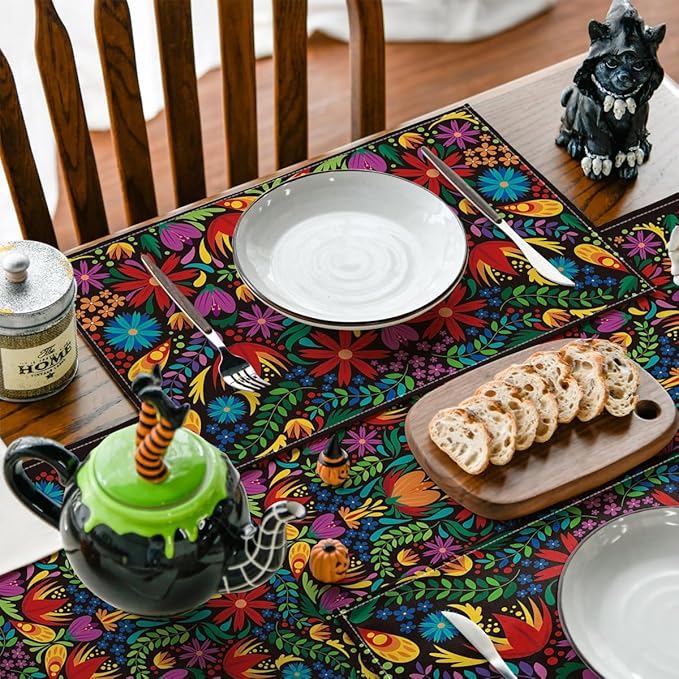 Artoid Mode Mexican Cinco De Mayo Placemats for Dining Table, 12 x 18 Inch Floral Fiesta Dia De Los Muertos Decoration Washable Table Mats Set of 4