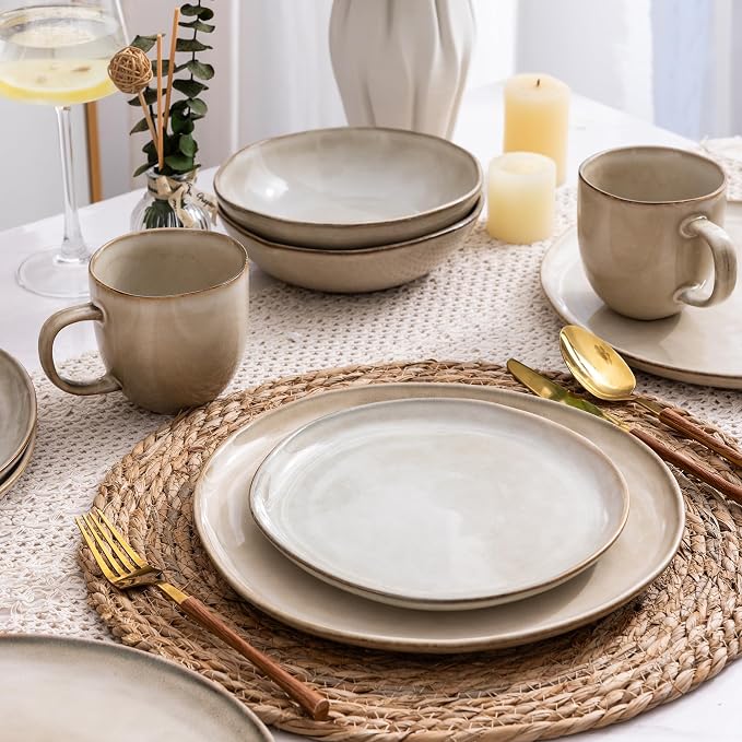AmorArc Ceramic Dinnerware Sets for 12,36Pcs Plates and Bowls Sets Dishes | Stoneware Handmade Reactive Glaze Dinner Set, Highly Scratch Resistant | Dishwasher & Microwave Safe Dishware-Cappuccino