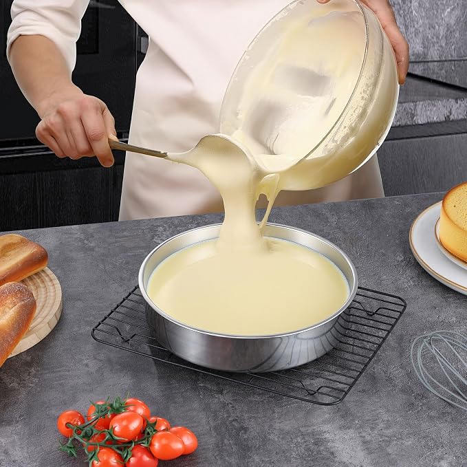 LIANYU Cake Pan 9 Inch Round, Stainless Steel Round Wedding Cake Baking Pan | Metal Birthday Baking Tin Oven Pan for Layer Cake Brownie Lasagna, Leak Proof, Dishwasher & Pot Safe