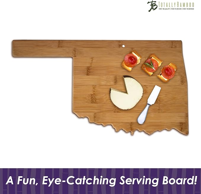 Totally Bamboo Oklahoma State Shaped Bamboo Serving and Cutting Board | State charcuterie board with natural bamboo grain. Knife-friendly surface for food prep. Hang tie for wall display.